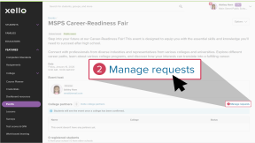 An event details page in an educator account in Xello. There are 2 requests ready for approval. The cursor is clicking Manage requests.